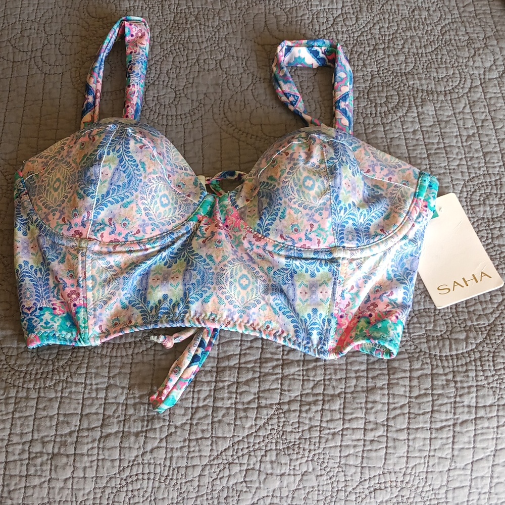 Saha Womens Padded Floral Bikini Top New Size Small Crisscross Back Closure
